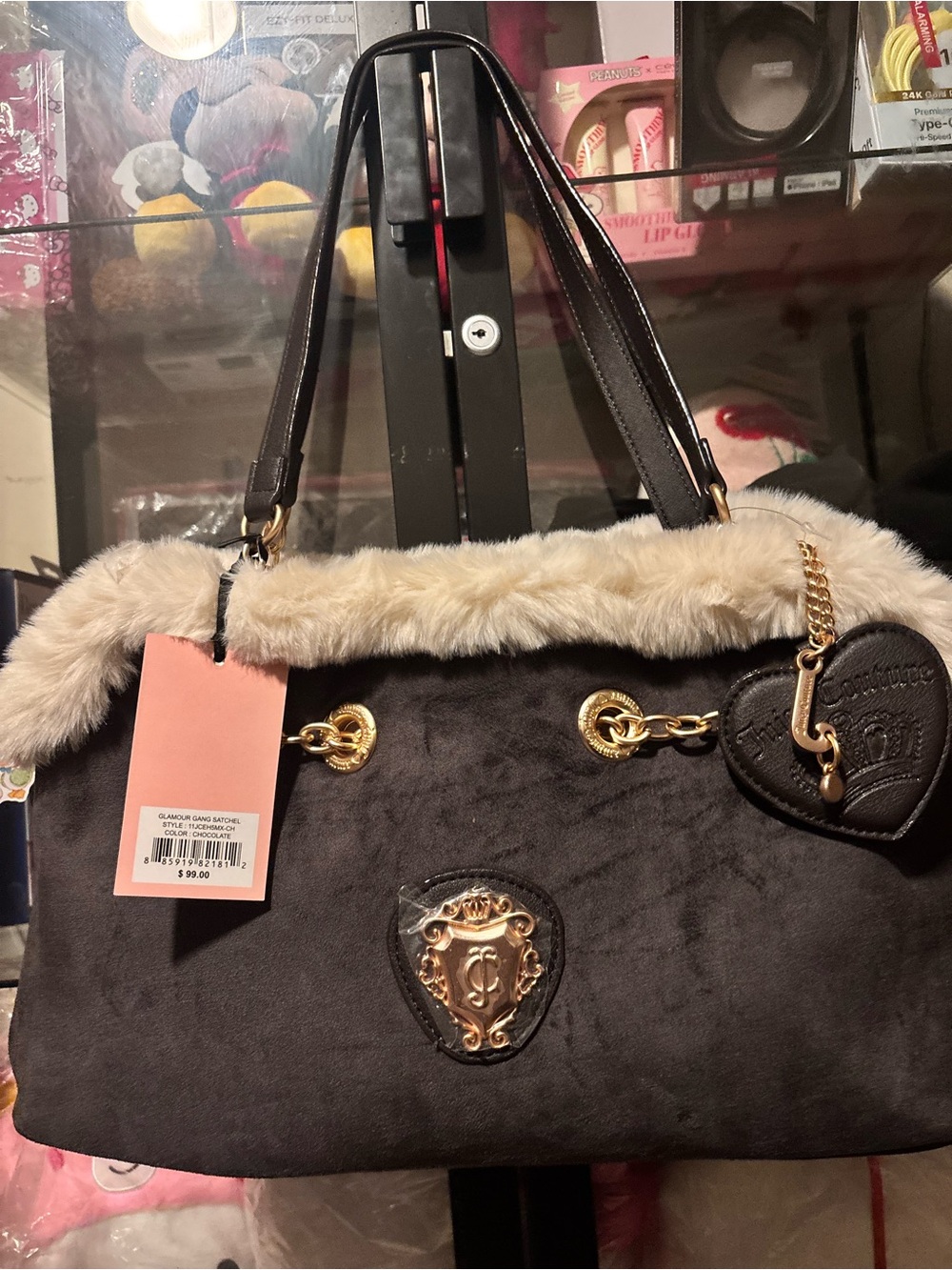 Faux Fur Trim Black Tote Handbag with Gold Accents